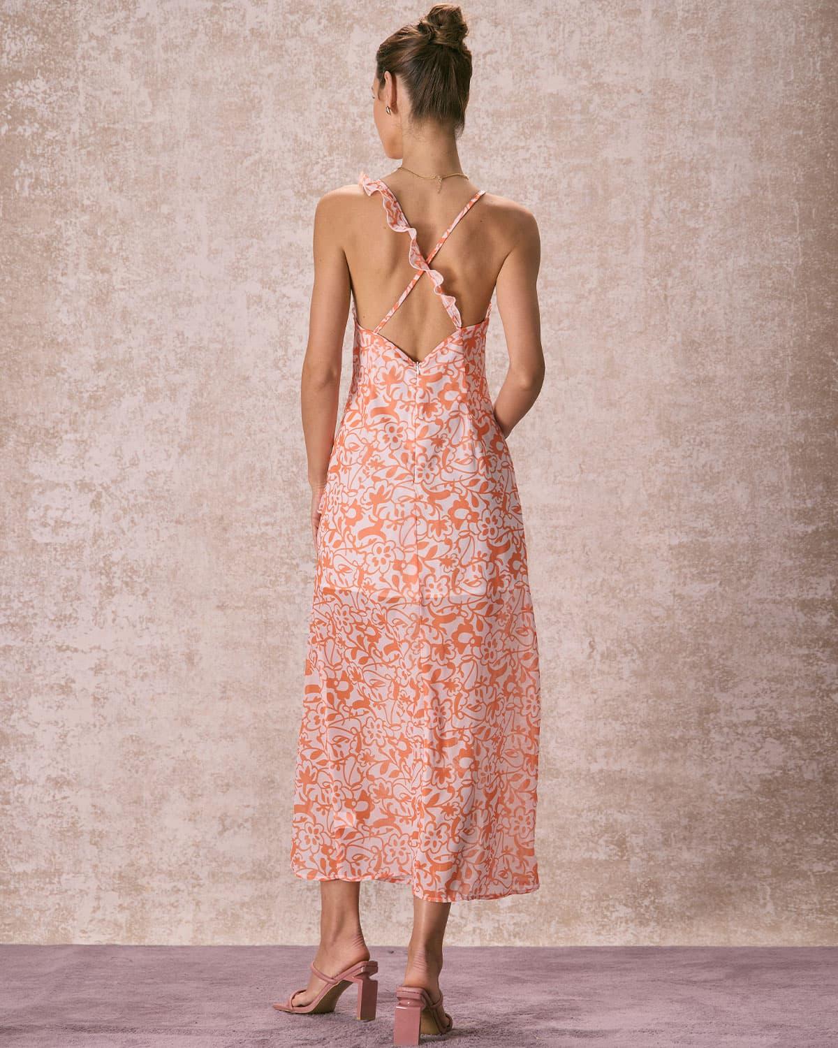 The Orange V Neck Floral Ruffle Maxi Dress Product Image