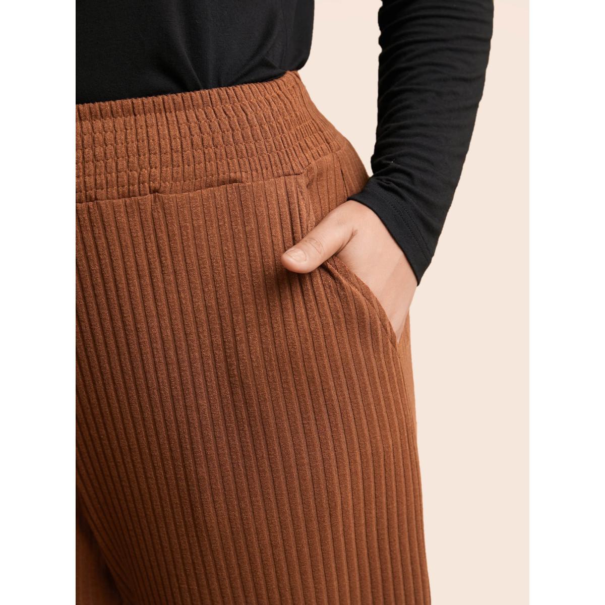 Plus Size Textured Mid Rise Wide Leg Pants Women Yellowishbrown Casual Wide Leg Mid Rise Everyday Pants BloomChic 10/M Product Image