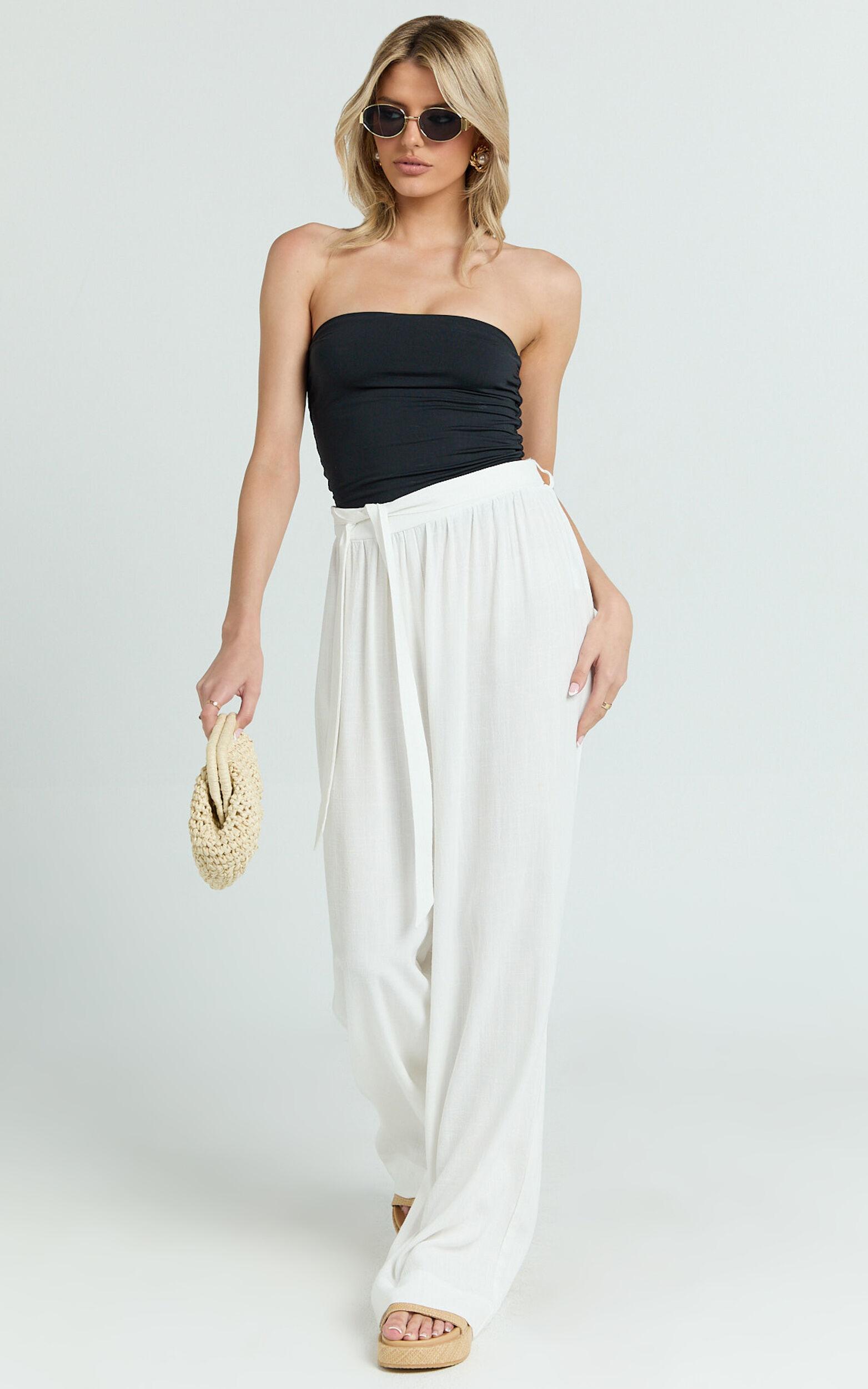 Kalli Pants - Linen Look Belted Wide Leg Relaxed Pants in White Product Image