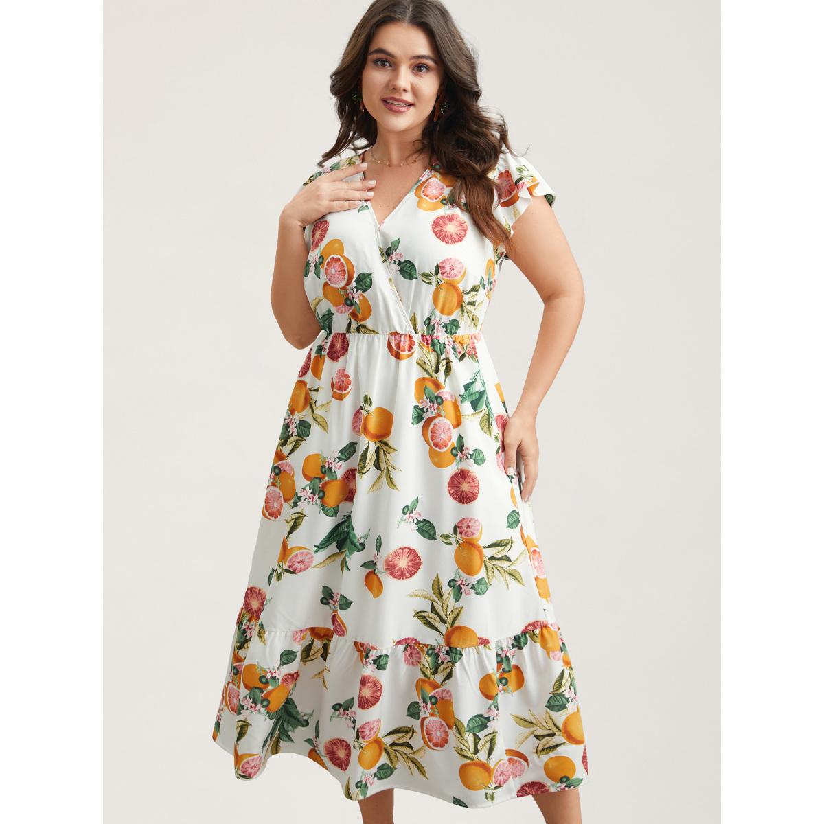 Plus Size Spring Fruits Wrap Neck Midi Dress Ivory Women Elegant Ruffles Overlap Collar Cap Sleeve Curvy BloomChic 28/5X Product Image