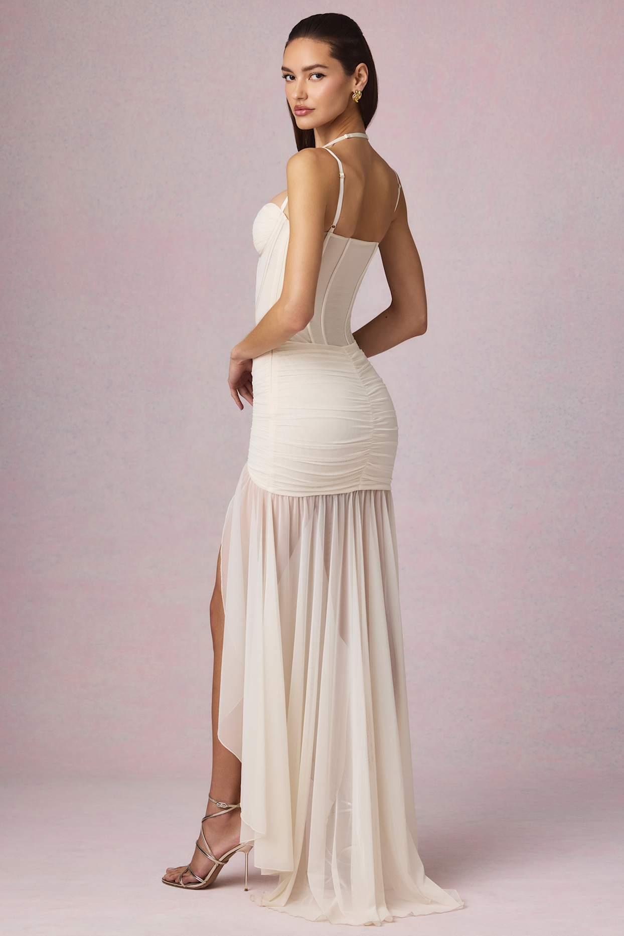 Ruched Asymmetric Corset Gown in Ivory Product Image
