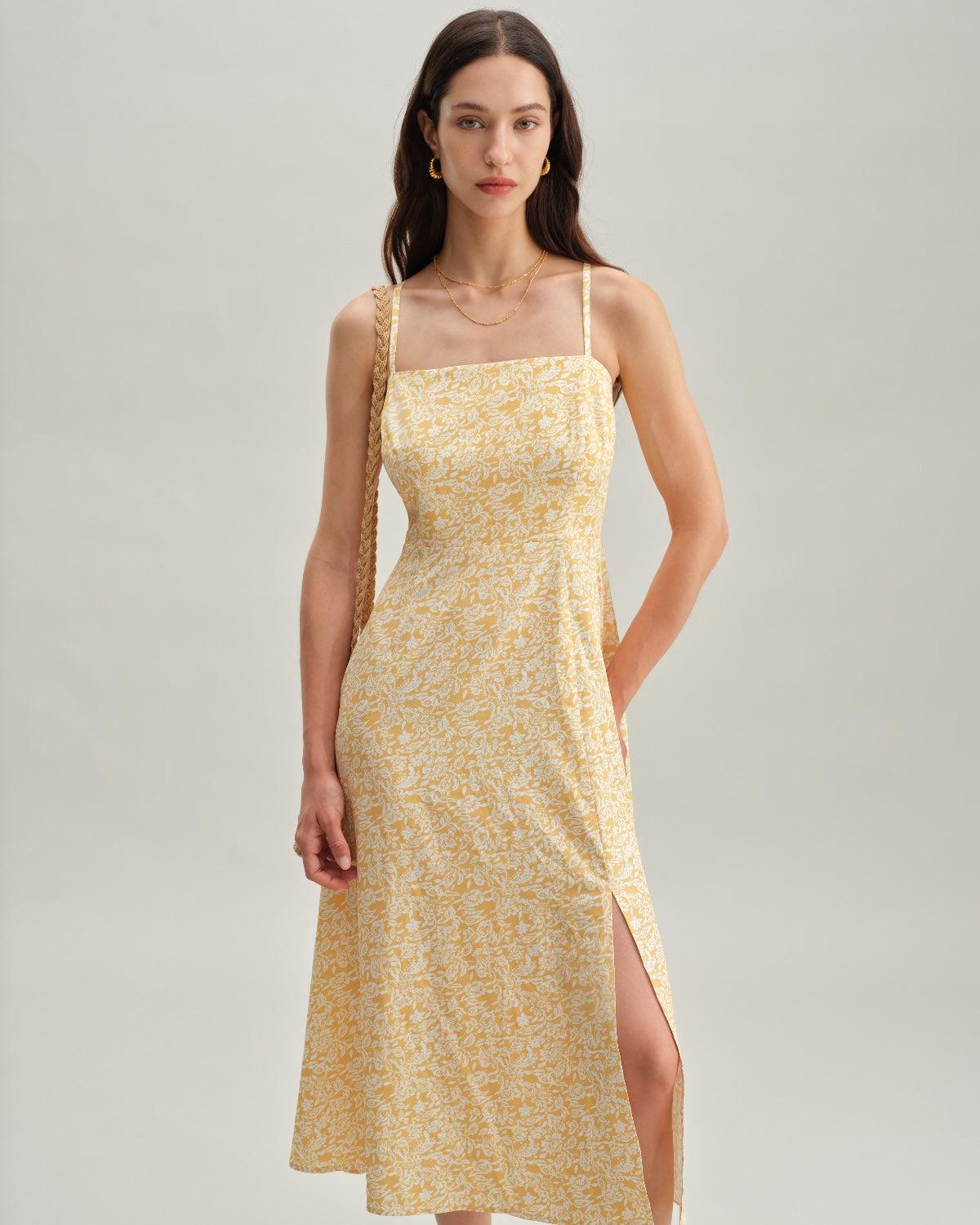 Yellow Floral Backless Slip Midi Dress Product Image