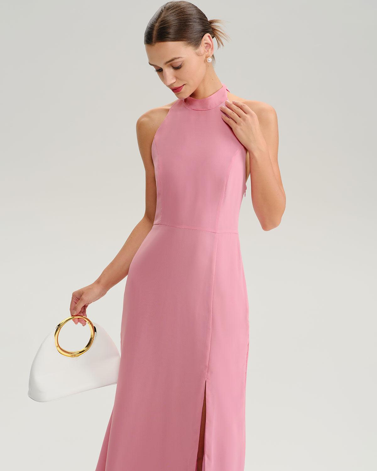 Pink Mock Neck Backless Maxi Dress Product Image