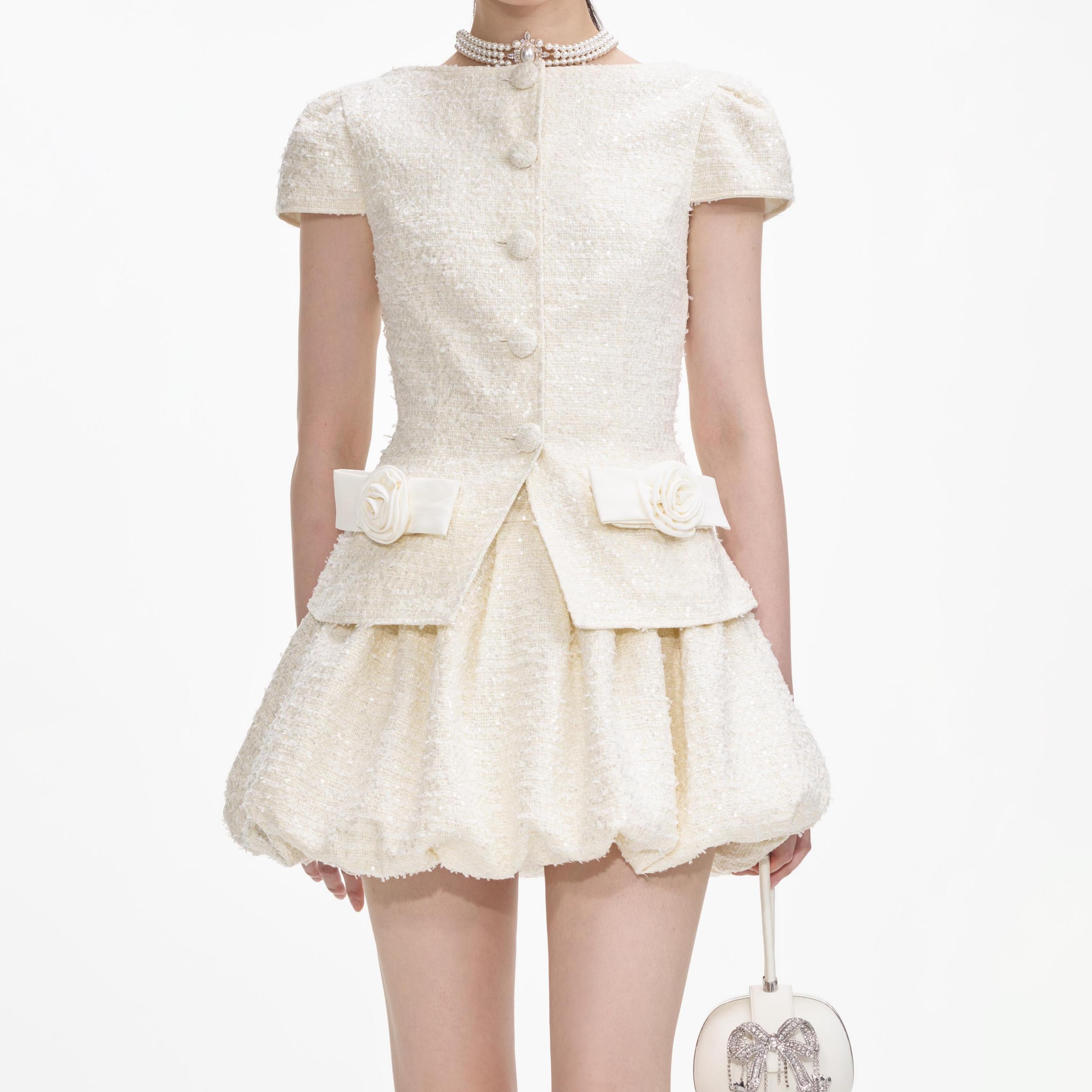 Cream Boucle Bow Detail Mini Dress Product Image