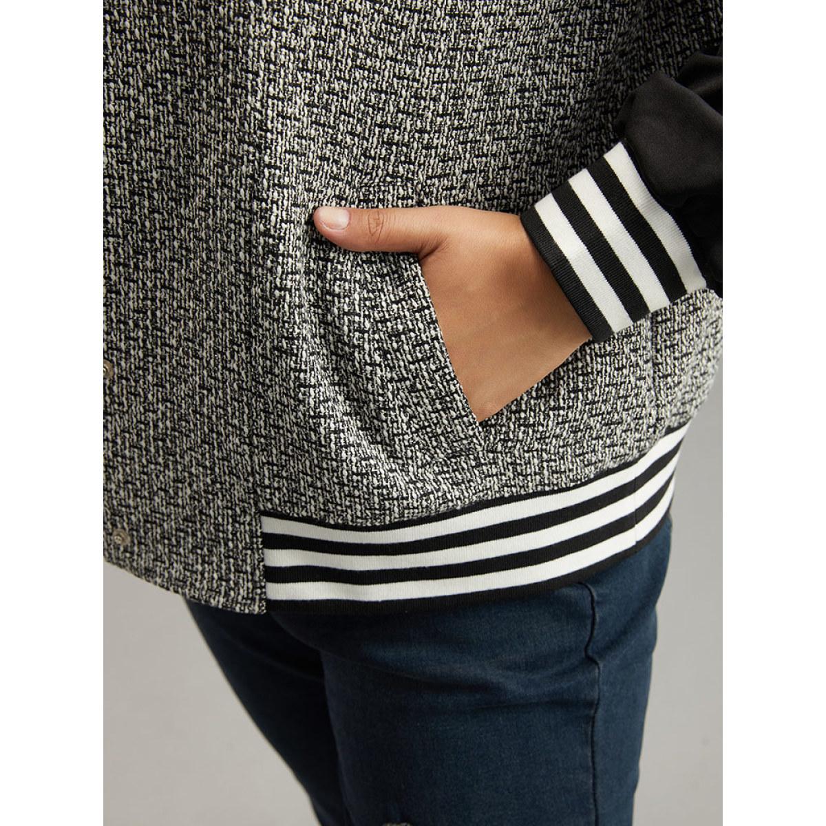 Plus Size Texture Patchwork Contrast Striped Button Up Jacket Women Black Elastic cuffs Pocket Everyday Jackets BloomChic 10/M Product Image
