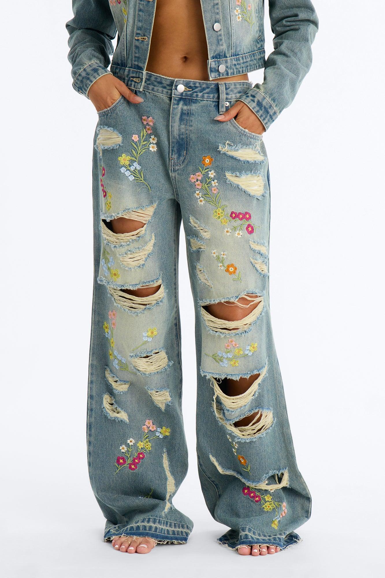 Enchanted Garden Embroidered Ripped Jeans - Vintage Wash Female Product Image