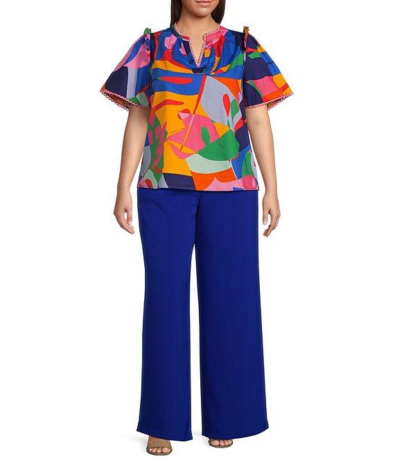 Sugarlips Plus Size Tropical Abstact Printed Flutter Sleeve Poplin Top Product Image