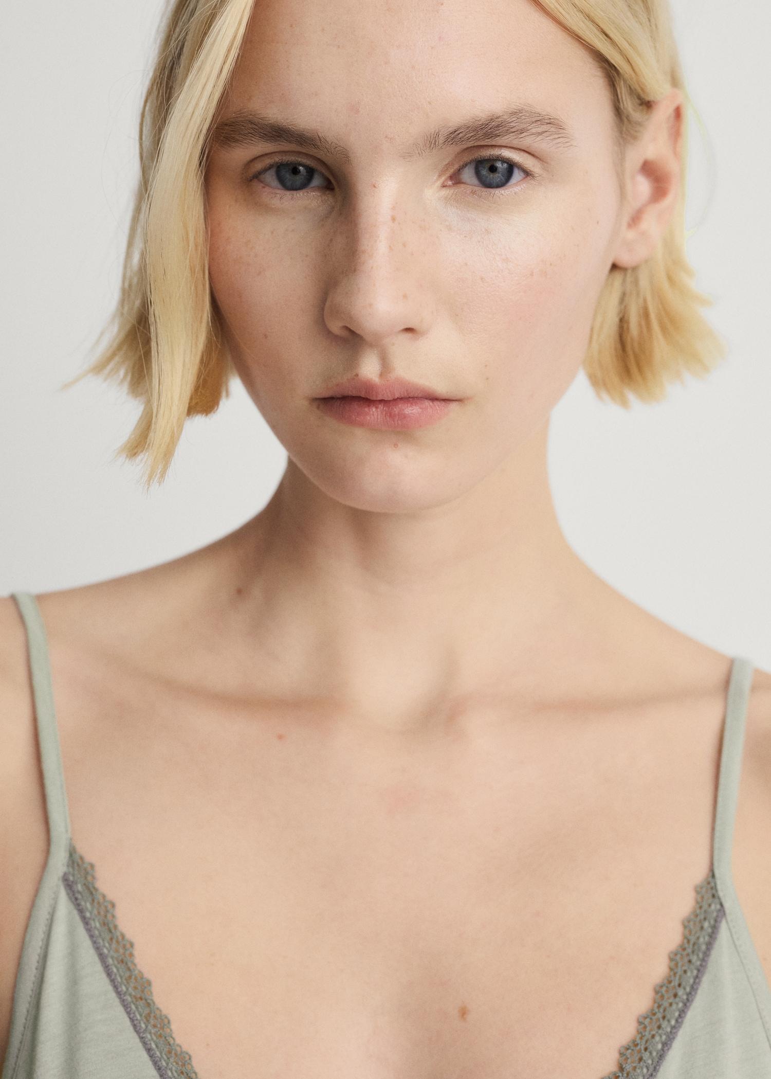 Cotton pajama top with lace contrast - Women | MANGO USA Product Image