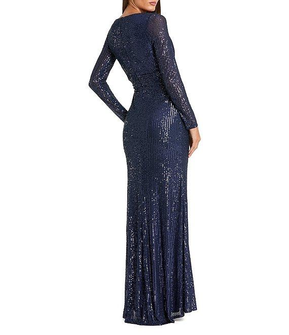 Ieena for Mac Duggal Long Sleeve Deep Surplice V-Neck Sequin Thigh High Slit Gown Product Image