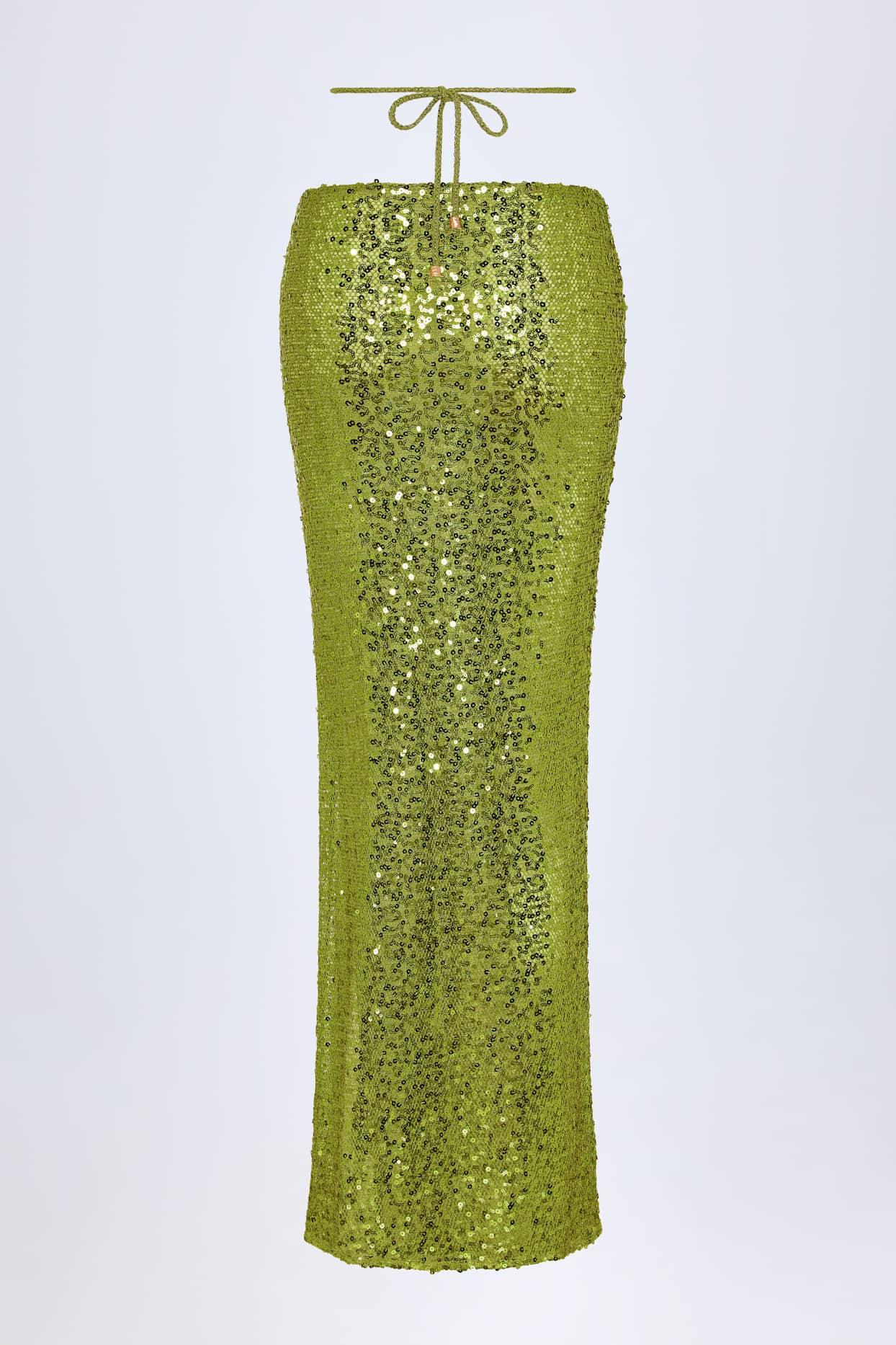Embellished Hardware-Detail Strappy Maxi Skirt in Olive Green Product Image