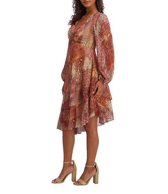 SIENA Long Sleeve V-Neck Printed Shimmer Asymmetrical Knee Length Dress Product Image