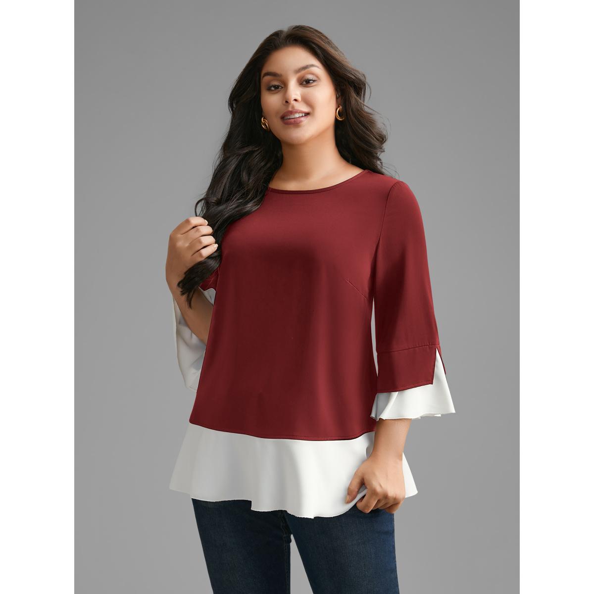 Plus Size Scarlet Contrast Patchwork Bell Sleeve Blouse Women Elegant Elbow-length sleeve Round Neck Everyday Blouses BloomChic 12/L Product Image