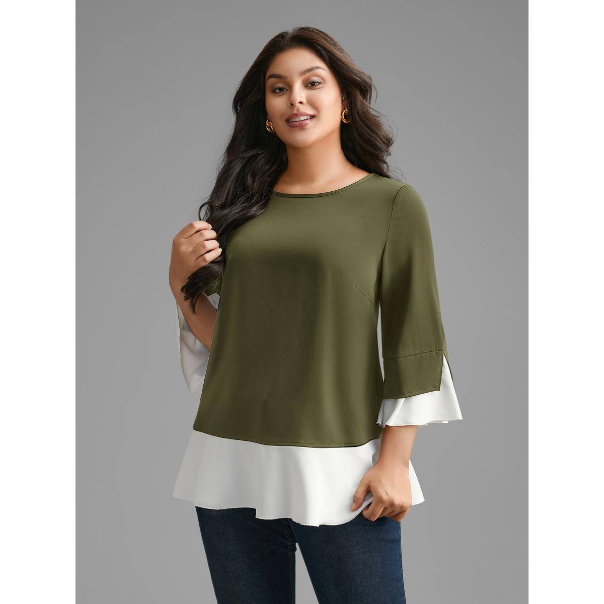 Plus Size ArmyGreen Contrast Patchwork Bell Sleeve Blouse Women Elegant Elbow-length sleeve Round Neck Everyday Blouses BloomChic 12/L Product Image