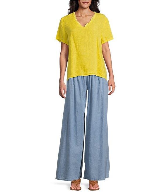 M Made in Italy Smocked Waist Wide Leg Cotton Denim Pants Product Image