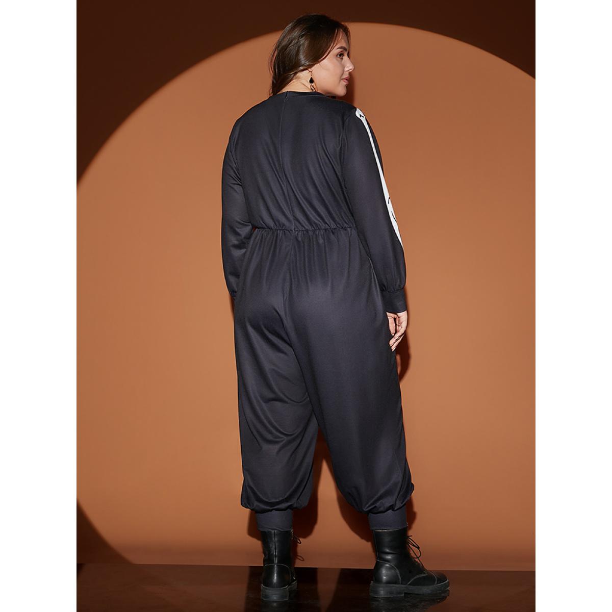 Plus Size Black Halloween Skull Print Round Neck Pocket Jumpsuit Women Casual Long Sleeve Round Neck Festival-Halloween Loose Jumpsuits BloomChic 14-16/1X Product Image