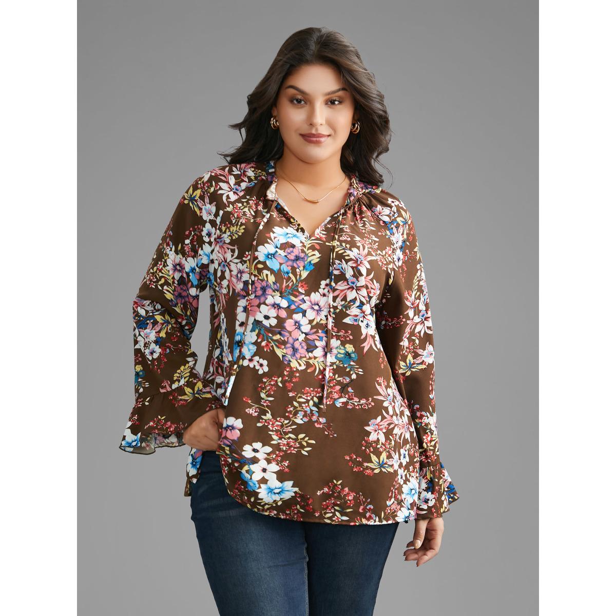Plus Size Browncoffeecolor Floral Tie Knot Flutter Sleeve Blouse Women Elegant Long Sleeve V-neck Everyday Blouses BloomChic 28/5X Product Image