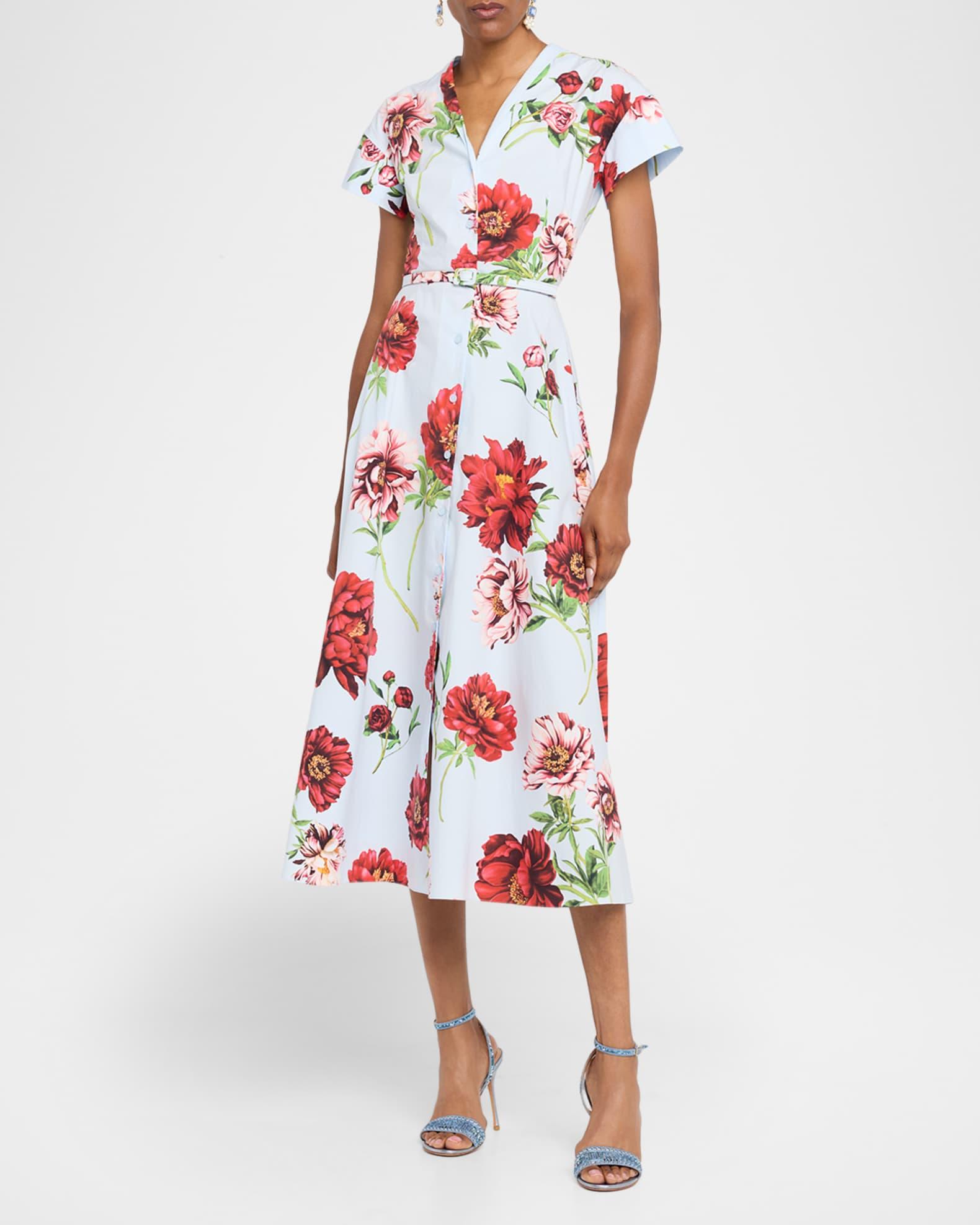 Short-Sleeve Peony-Printed Tea-Length Dress Product Image