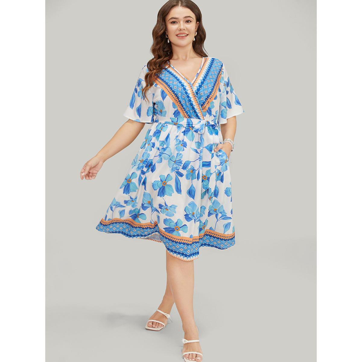 Plus Size Bandana Print Ruffle Hem Belted Pocket Wrap Dress LightBlue Women Vacation Cross straps V-neck Short sleeve Curvy Knee Dress BloomChic 12/L Product Image