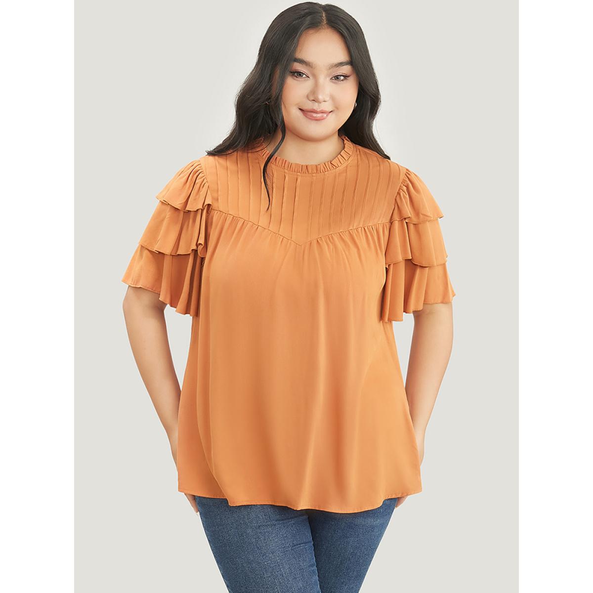 Plus Size Rust Solid Pleated Keyhole Ruffle Tiered Sleeve Frill Trim Blouse Women Elegant Short sleeve Round Neck Dailywear Blouses BloomChic 22-24/3X Product Image