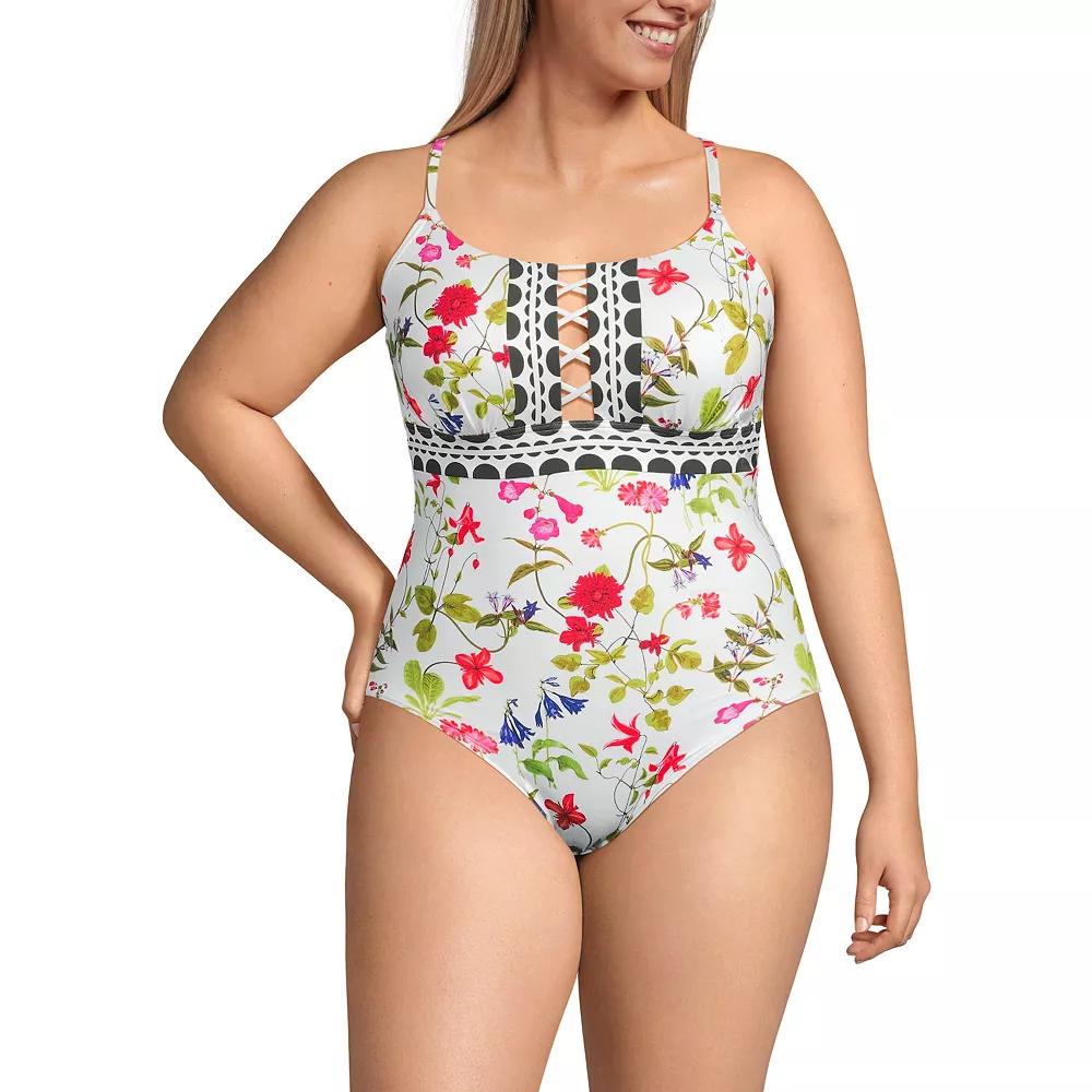 Plus Size Lands' End Lace-Up Front One-Piece Swimsuit, Women's, Size: 20 W, White Stripe Product Image