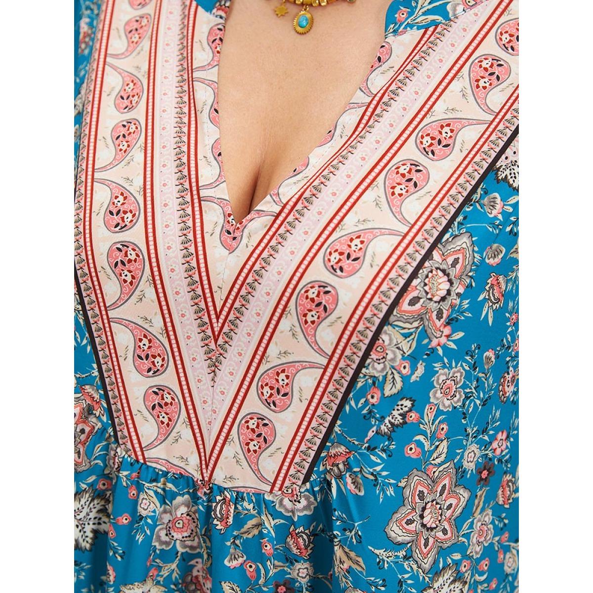 Plus Size Floral Print Notched Lantern Sleeve Contrast Dress Teal Women Vacation Elastic cuffs Notched collar Long Sleeve Curvy Midi Dress BloomChic 14-16/1X Product Image