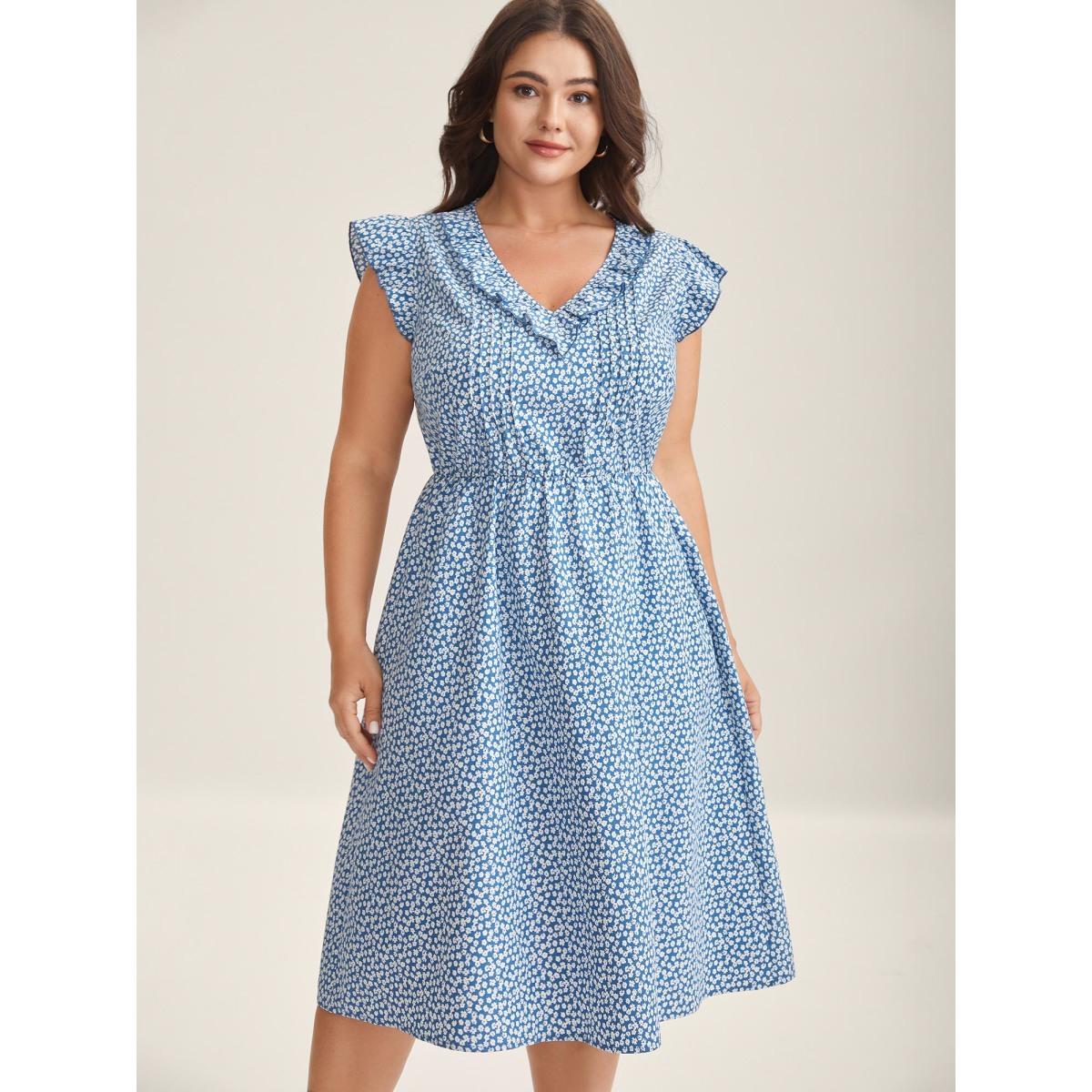 Plus Size Floral Print Ruffled Neck Midi Dress LightBlue Women V-neck Cap Sleeve Curvy BloomChic 10/M Product Image