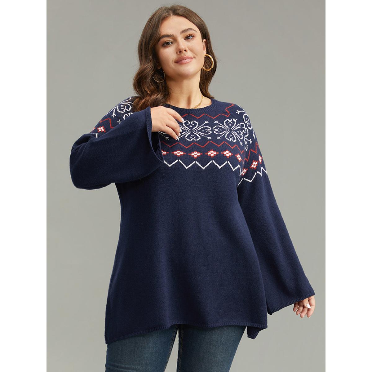 Plus Size Supersoft Essentials Geometric Bell Sleeve Pullover Indigo Women Casual Loose Long Sleeve Round Neck Dailywear Pullovers BloomChic 18-20/2X Product Image