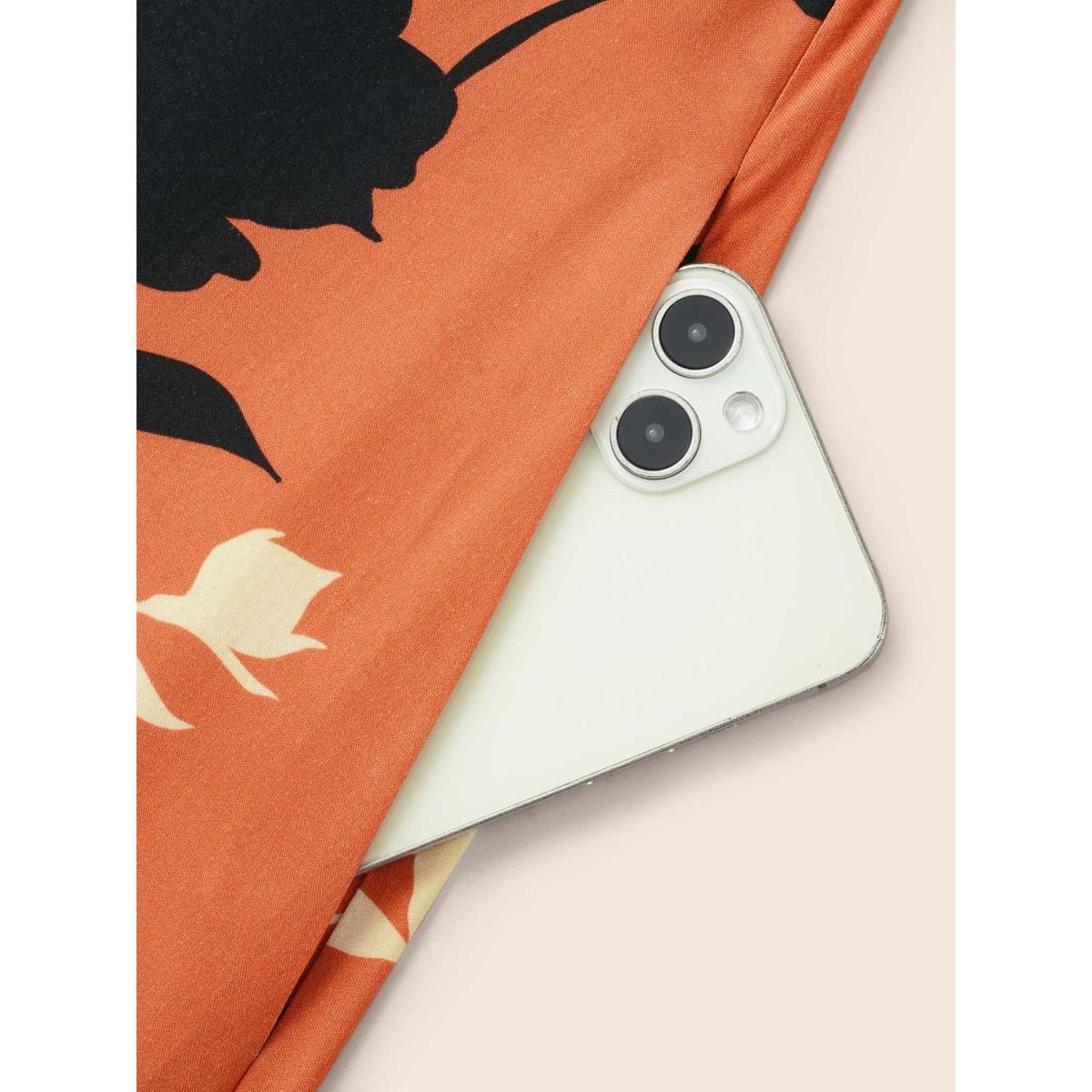 Plus Size Silhouette Floral Print Lantern Sleeve Slit Hem Dress Coral Women Timeless Slit Round Neck Long Sleeve Curvy BloomChic 26/4X Product Image