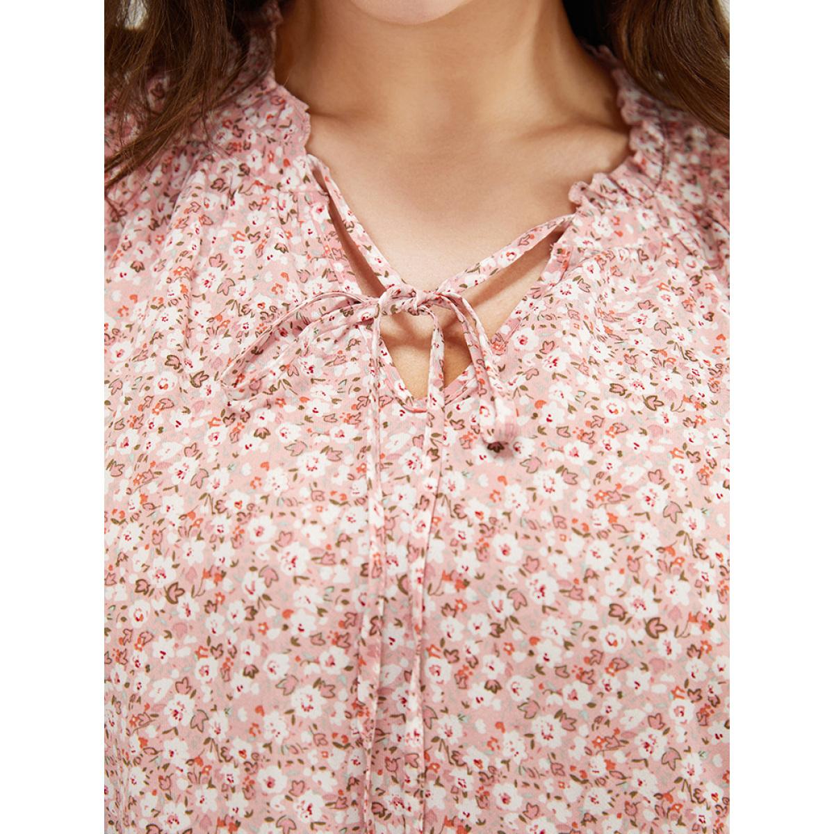 Plus Size Crepe Ditsy Floral Frill Trim Lace Ruffle Sleeve Tie Neck Blouse Women Elegant Short sleeve Tie Neck Dailywear Blouses BloomChic 18-20/2X Product Image