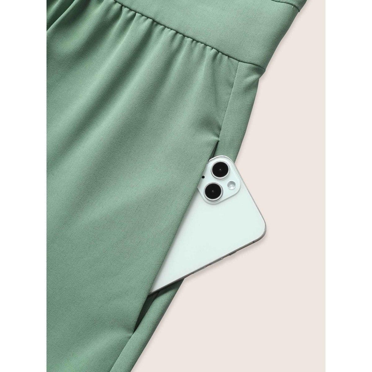 Plus Size Solid Gathered Lantern Sleeve Ruffle Layered Hem Dress Mint Women Elegant Non V-neck Short sleeve Curvy Midi Dress BloomChic 14-16/1X Product Image