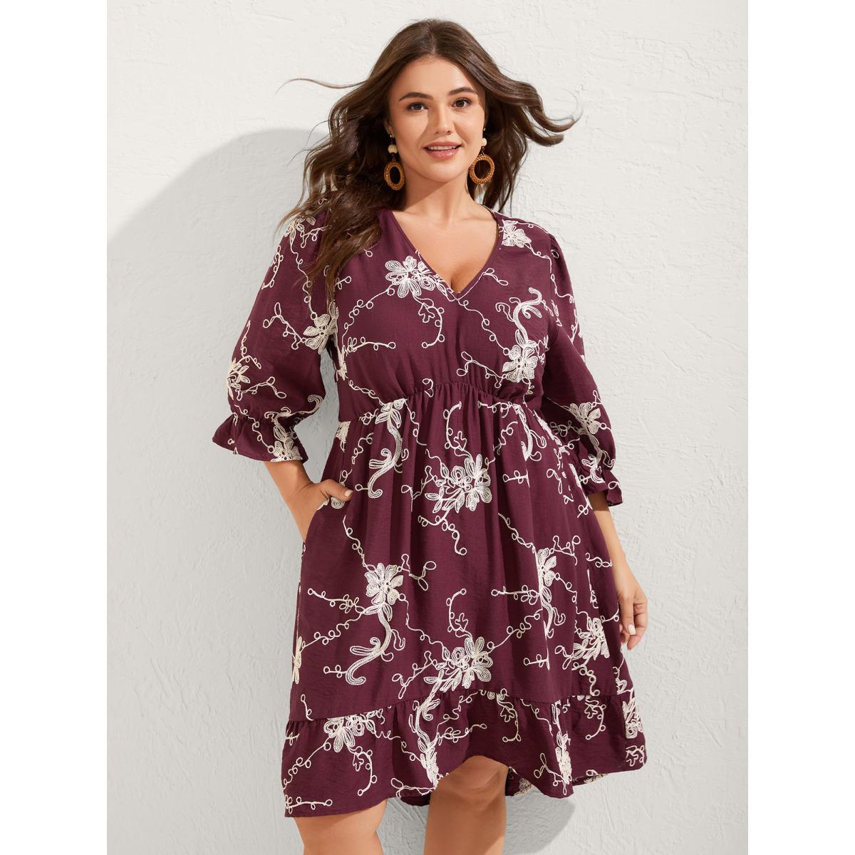 Plus Size Floral Embroidered Stretchy Waist Midi Dress Deeppurplered Women Boho V-neck Half Sleeve Curvy BloomChic 14-16/1X Product Image