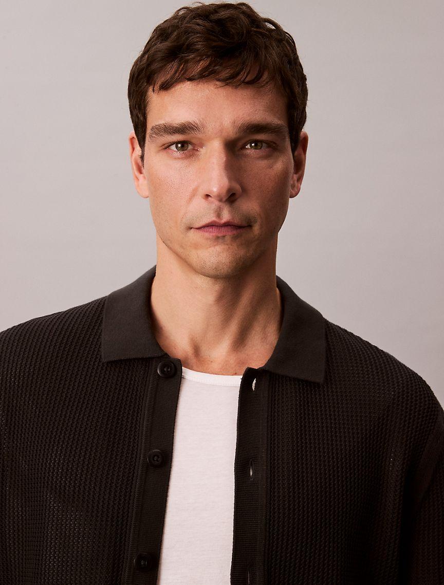 Cotton Mesh Button-Down Sweater Product Image