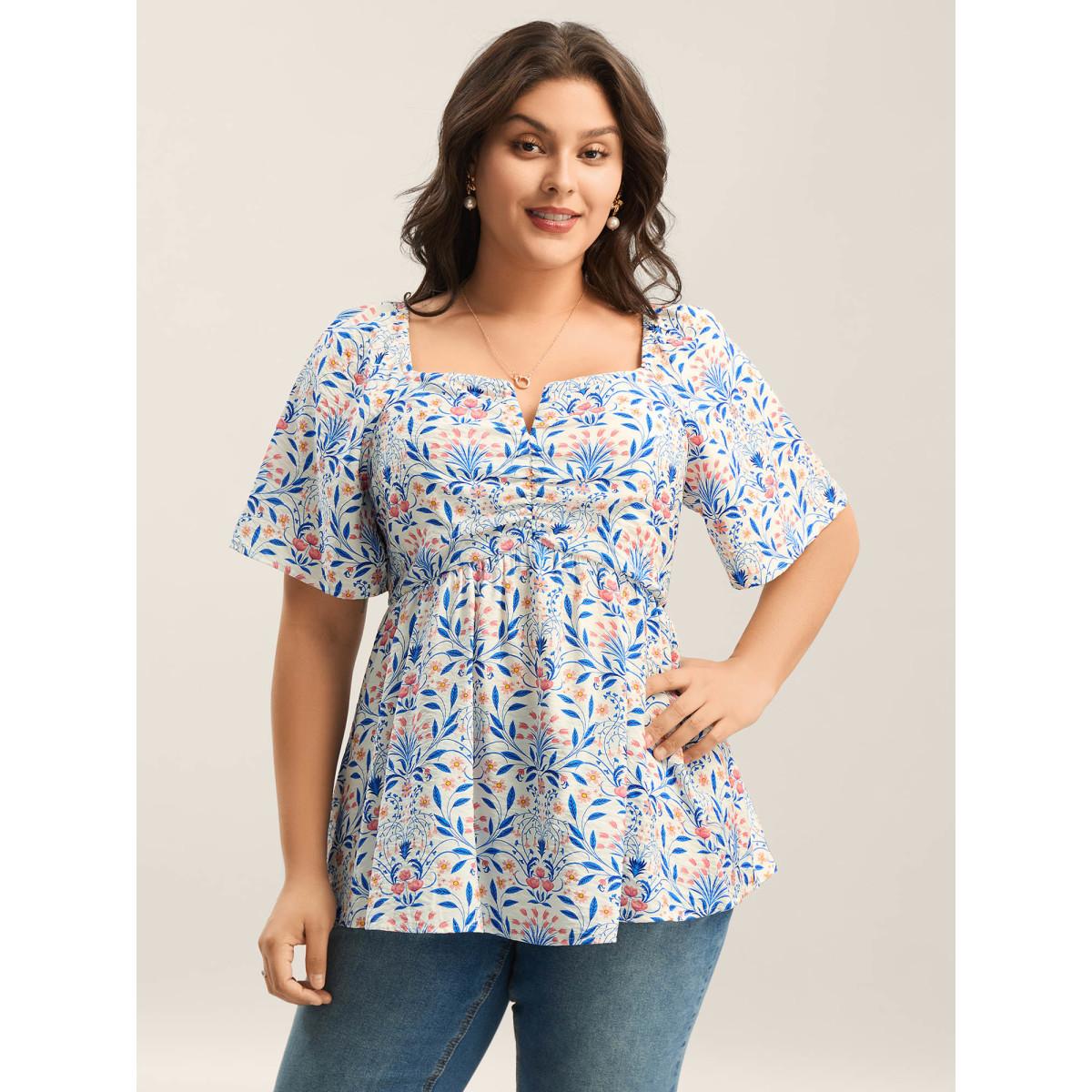 Plus Size Skyblue Floral Print Ruched Bodice Blouse Women Timeless Half Sleeve Notched collar Elegant Blouses BloomChic 26/4X Product Image