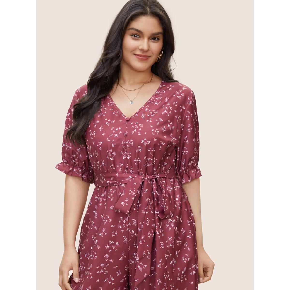 Plus Size DustyPink Ditsy Floral Flutter Trim Belted Button Detail Jumpsuit Women Elegant Half Sleeve V-neck Everyday Loose Jumpsuits BloomChic 30/6X Product Image