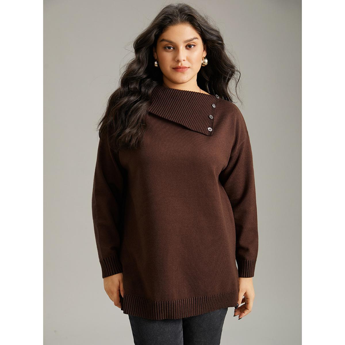 Plus Size Supersoft Essentials Asymmetrical Neck Button Detail Pullover DarkBrown Women Leisure Loose Long Sleeve Asymmetrical Neck Casual Pullovers BloomChic 12/L Product Image