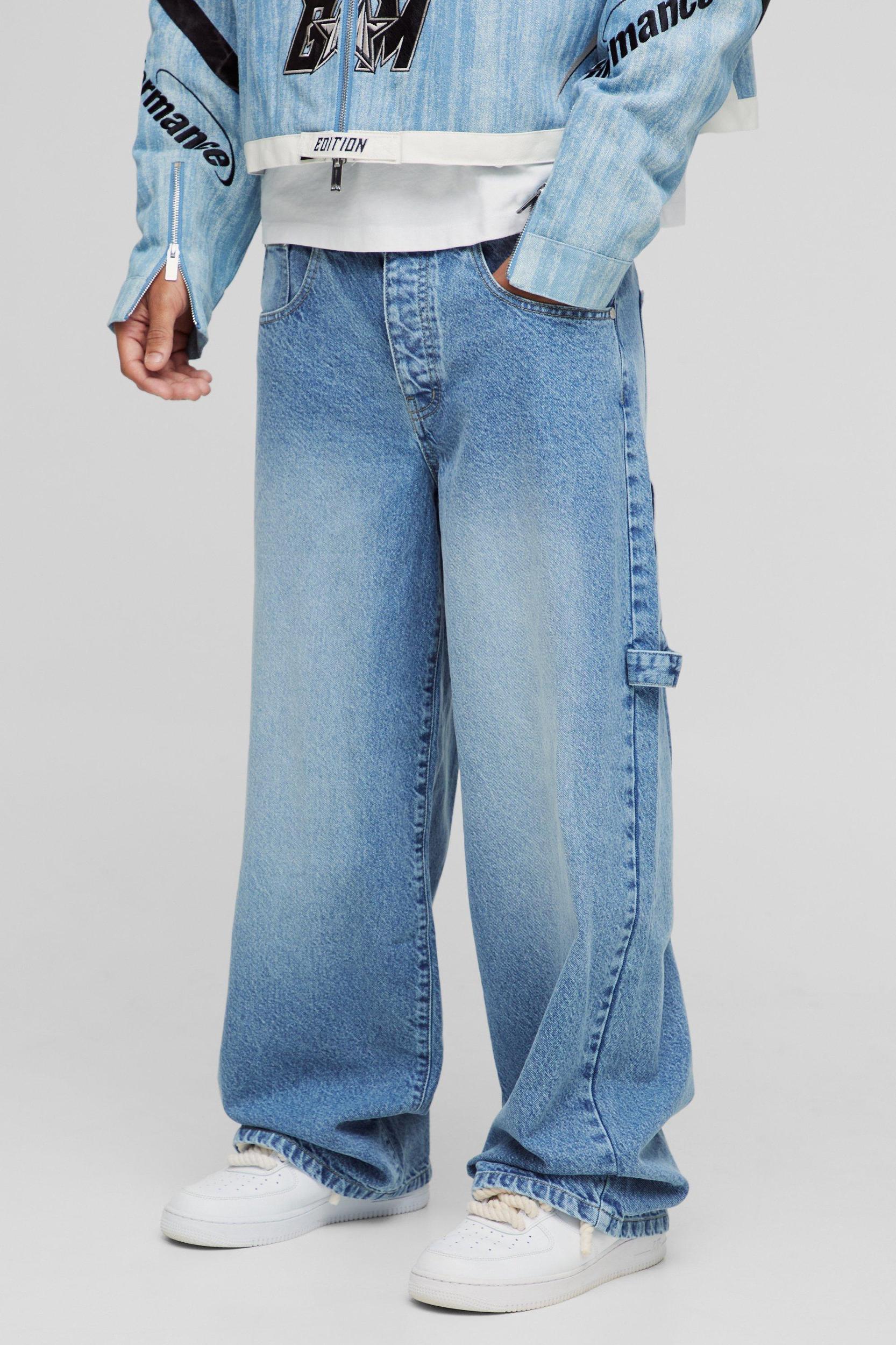 Washed Adjustable Waist Baggy Carpenter Jeans | boohooMAN USA Product Image