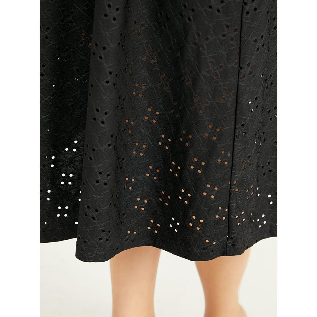 Plus Size Plain Square Neck Laser Cut Lantern Sleeve Dress Black Women Elegant Elastic cuffs Square Neck Long Sleeve Curvy Midi Dress BloomChic 12/L Product Image