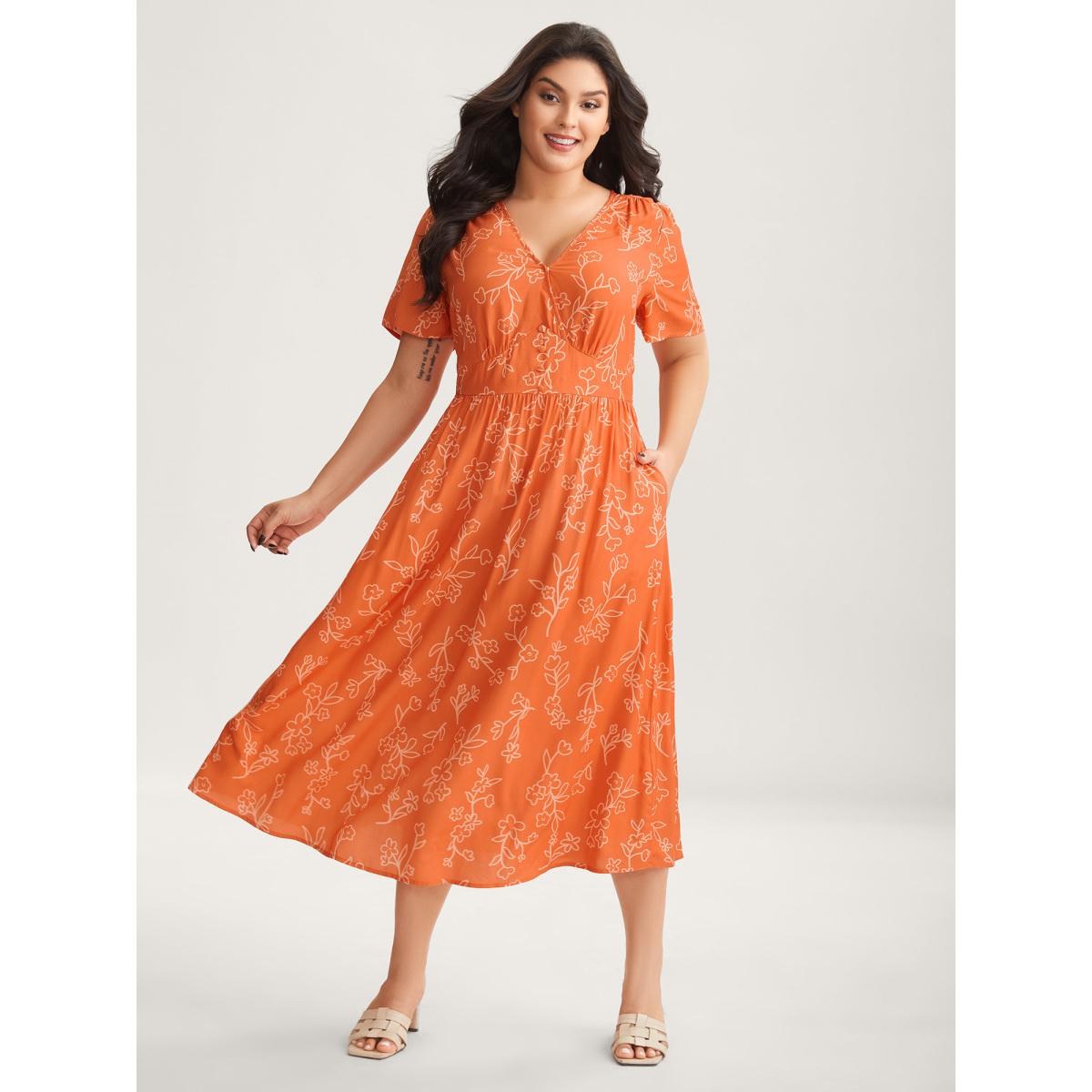 Plus Size Rayon Silhouette Floral Print Midi Dress Rust Women Leisure Overlap Collar Short sleeve Curvy BloomChic 12/L Product Image