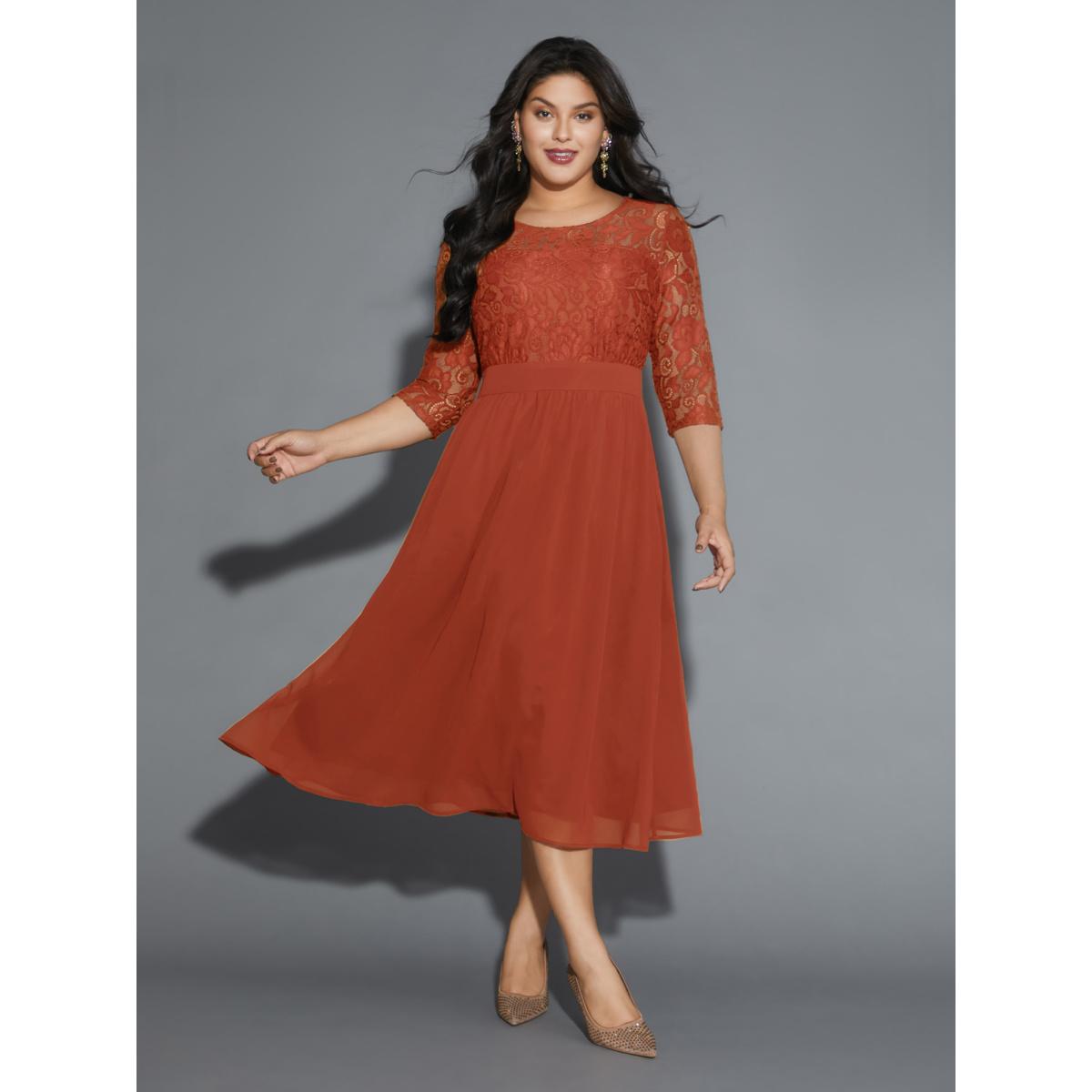 Plus Size Lace Patchwork Shirred Midi Pocket Dress OrangeRed Women Cocktail Woven ribbon&lace trim Round Neck Elbow-length sleeve Curvy BloomChic 10/M Product Image