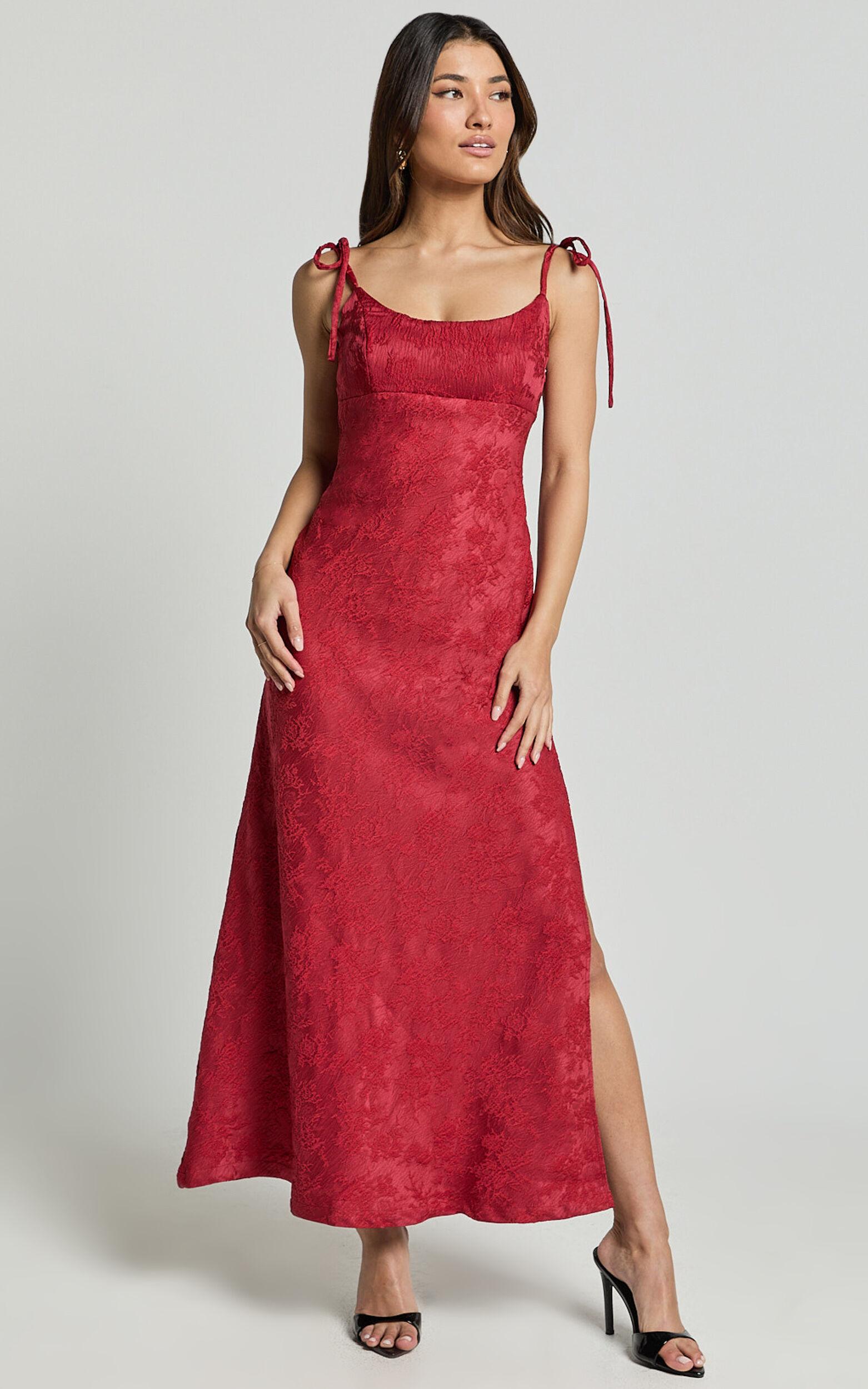 Romarie Maxi Dress - Tie Shoulder Backless Jacquard Dress in Red Product Image