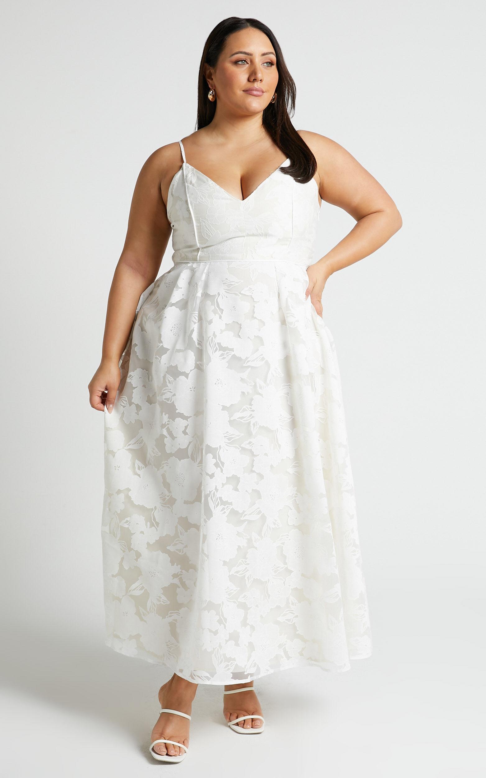 Philine Midi Dress - Jacquard Plunge Fit and Flare Dress in White Product Image