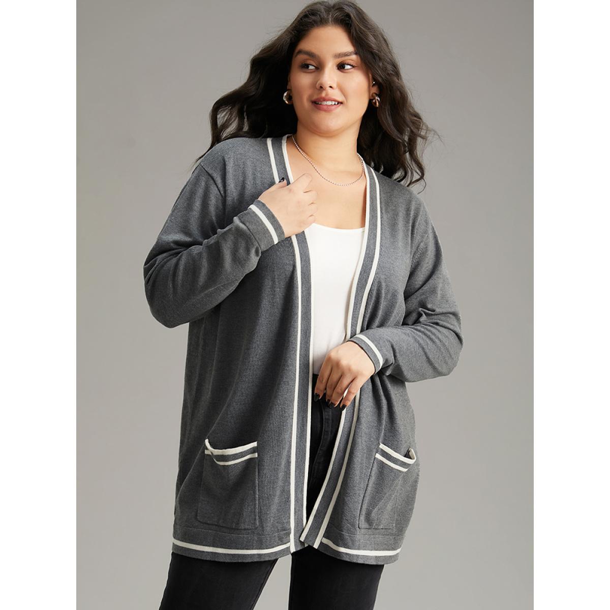 Plus Size Supersoft Essentials Striped Patchwork Pocket Open Front Cardigan Gray Women Casual Loose Long Sleeve Everyday Cardigans BloomChic 10/M Product Image