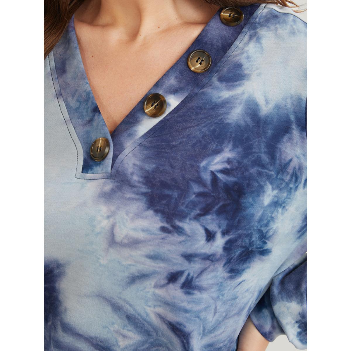Plus Size Tie Dye Fake Button V Neck Sweatshirt Women Blue Casual Tie Dye Loose V-neck Dailywear Sweatshirts BloomChic 26/4X Product Image