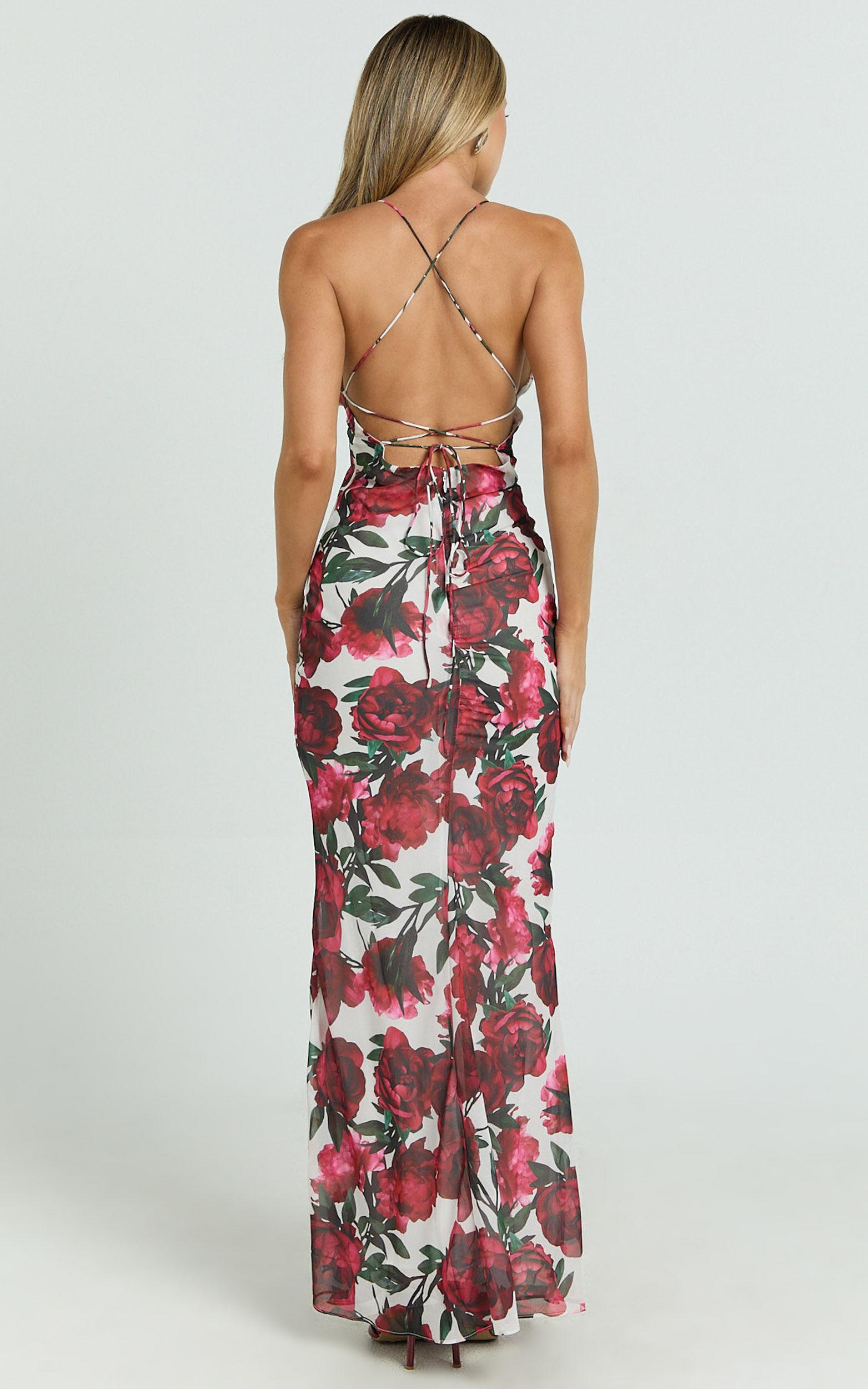 Lenny Maxi Dress - Bias Slip Lace Up Back Dress in Rose Blanca Floral Product Image
