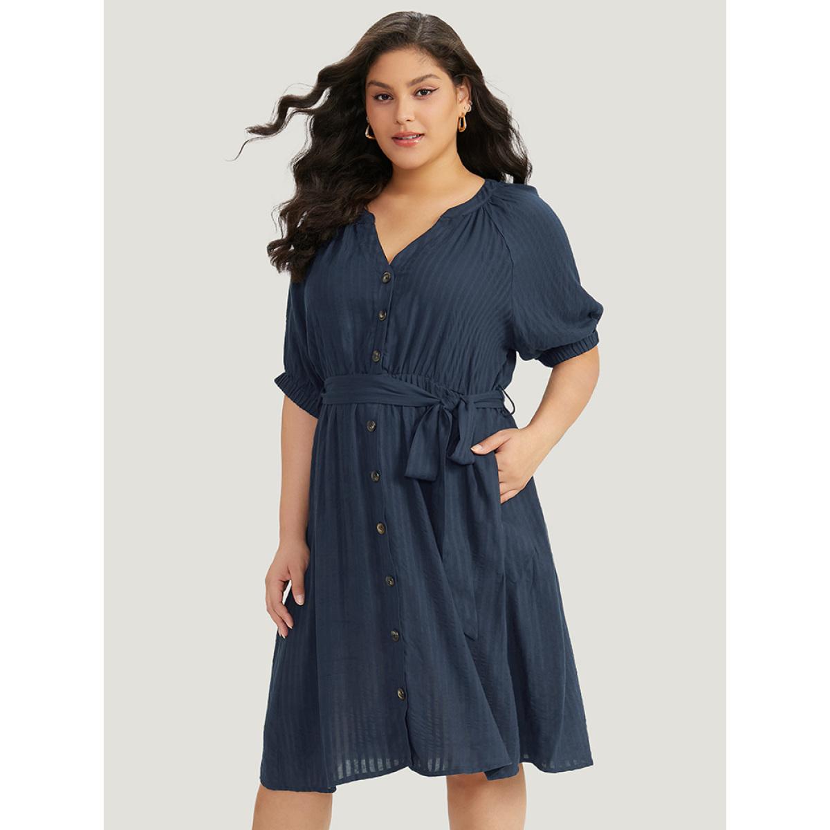 Plus Size Solid Button Through Notched Belted Dress Navy Women Office Elastic cuffs Notched collar Short sleeve Curvy Midi Dress BloomChic 30/6X Product Image