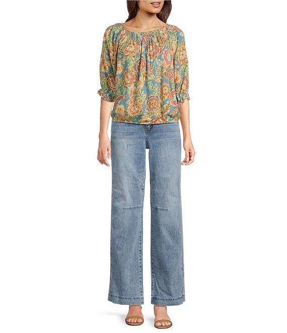 Democracy Woven Novelty Print Scoop Neck Elbow Blouson Sleeve Bubble Hem Top Product Image