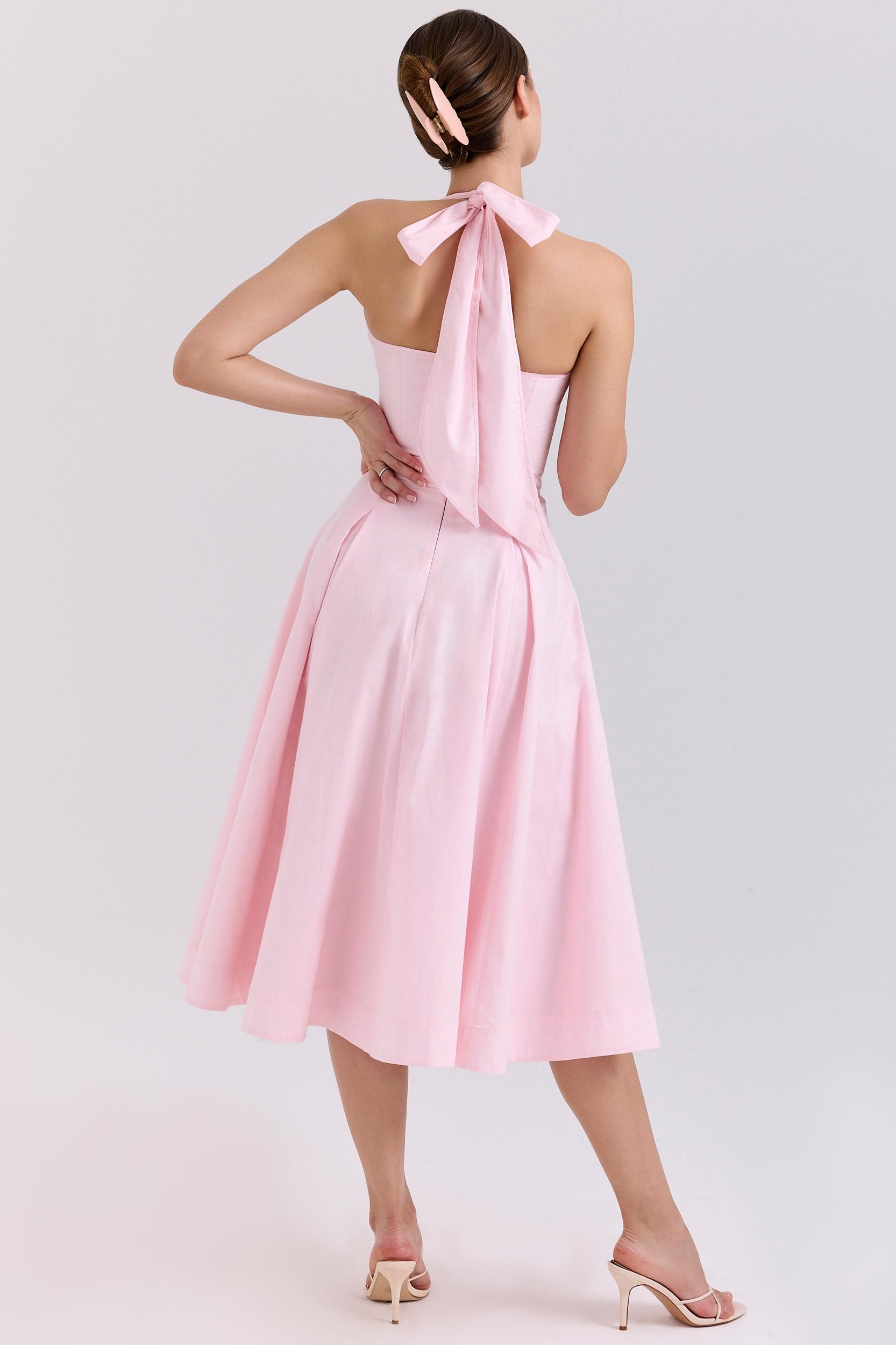 Allena  pink stretch cotton halter midi sundress Product Image