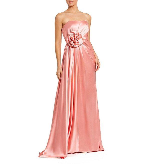Mac Duggal Satin Strapless Neck Sleeveless Rosette A-Line Gown Product Image