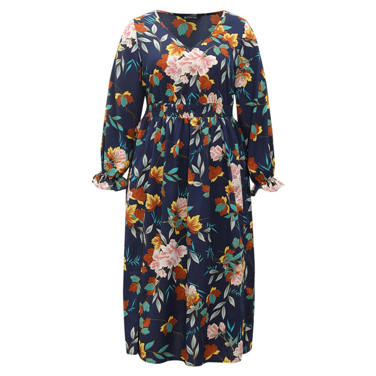 Plus Size Floral Print Split Side Ruffle Trim Dress Navy Women Elegant Printed V-neck Long Sleeve Curvy Midi Dress BloomChic 22-24/3X Product Image
