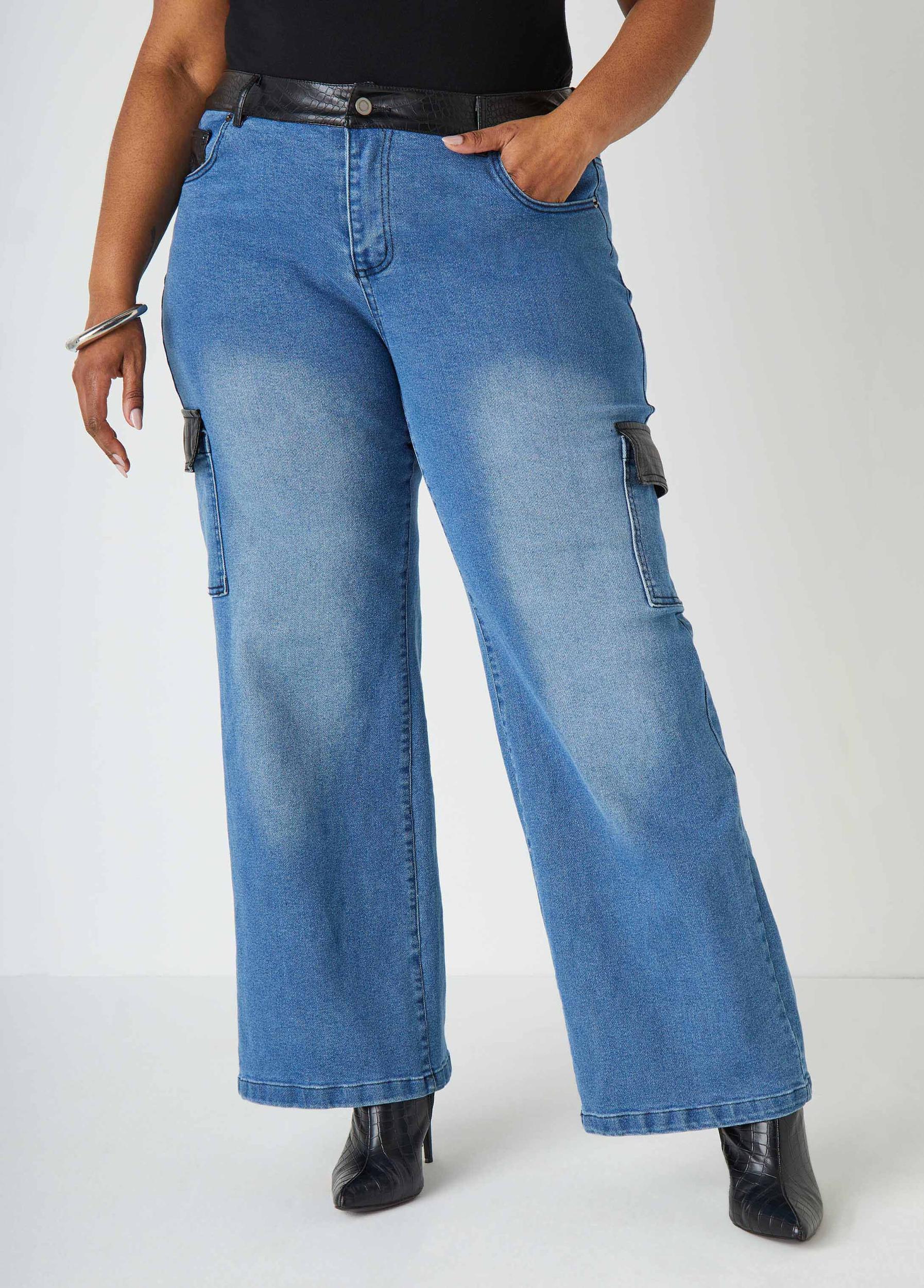 Faux Leather Paneled Cargo Jeans Product Image